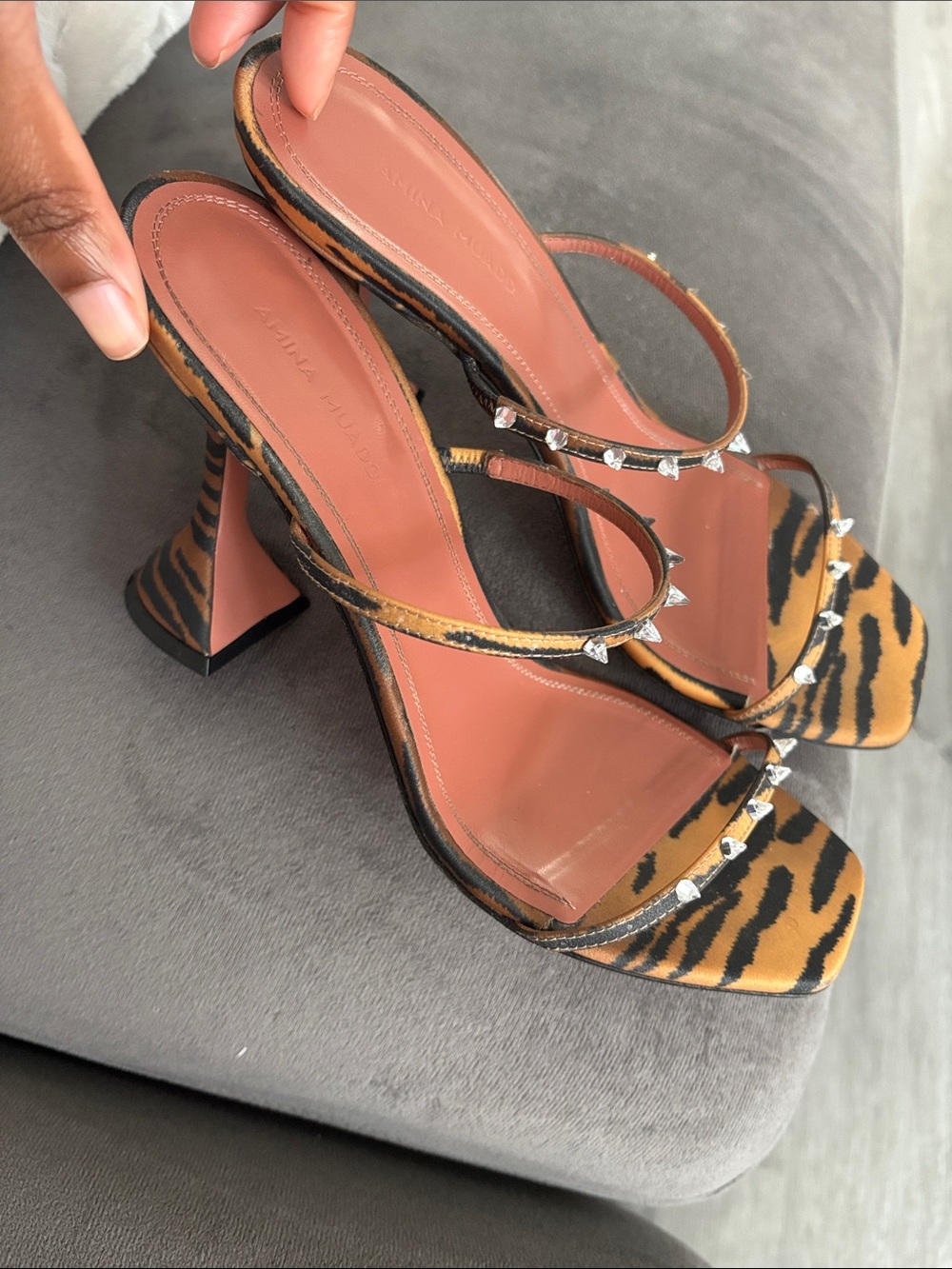 Amina Muaddi Karma Mini Spikes Tiger Print Sandal (some spikes missing) 38.5 - Picture 2 of 10